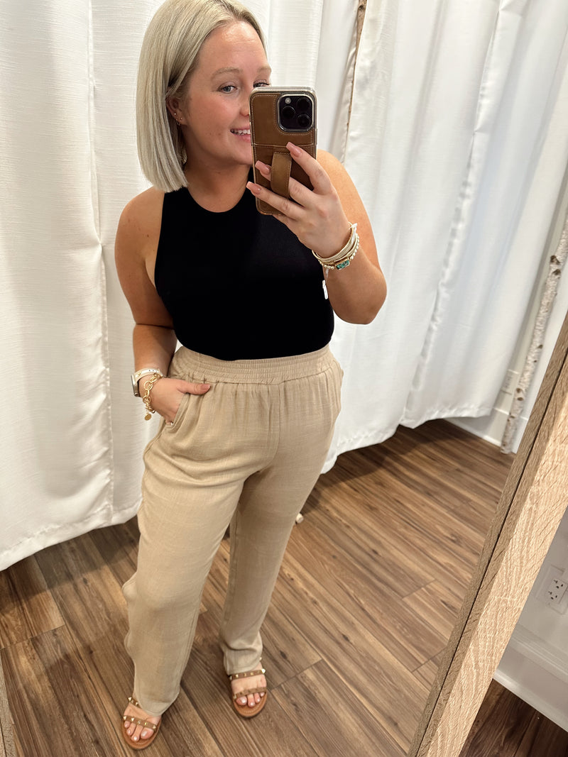 Truly Bliss Linen Smocked Pants-Coco