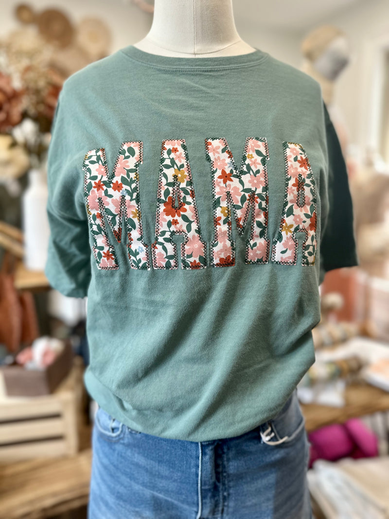 MAMA Floral Applique Pigment Green Tee