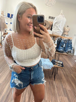 Pearl and Rhinestone Long Sleeve Mesh Top-White