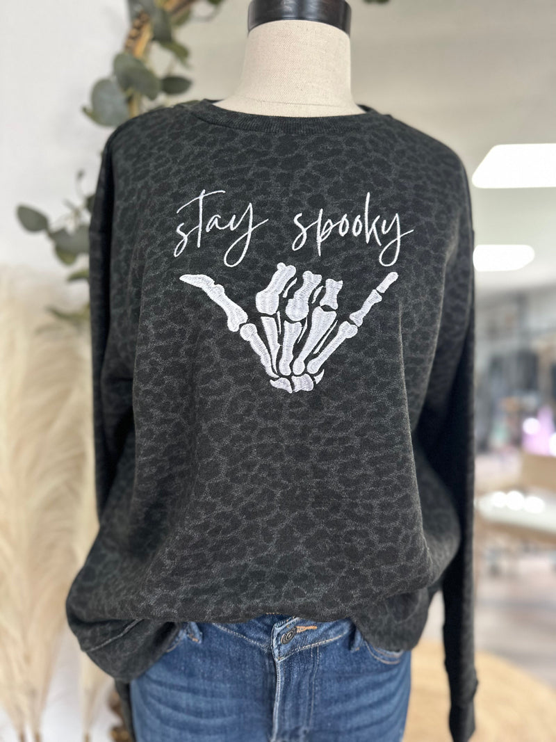 Stay Spooky Leopard Embroidered Crewneck