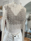 Pearl and Rhinestone Long Sleeve Mesh Top-White