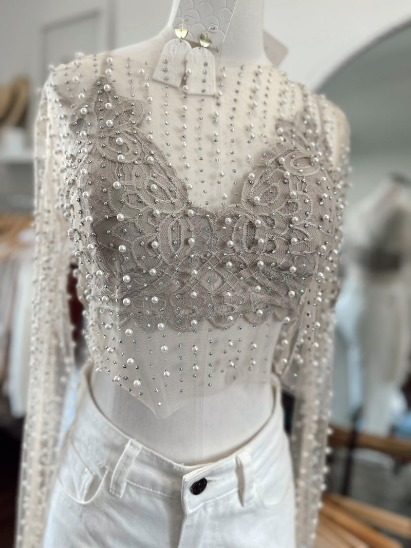 Pearl and Rhinestone Long Sleeve Mesh Top-White