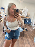 Pearl and Rhinestone Long Sleeve Mesh Top-White