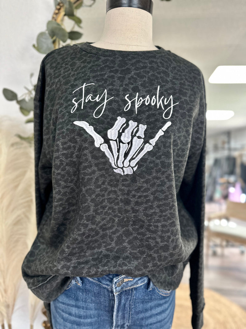 Stay Spooky Leopard Embroidered Crewneck