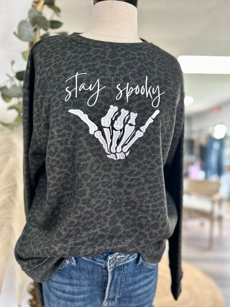 Stay Spooky Leopard Embroidered Crewneck