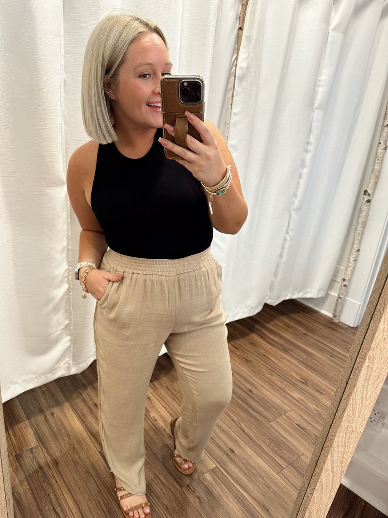 Truly Bliss Linen Smocked Pants-Coco