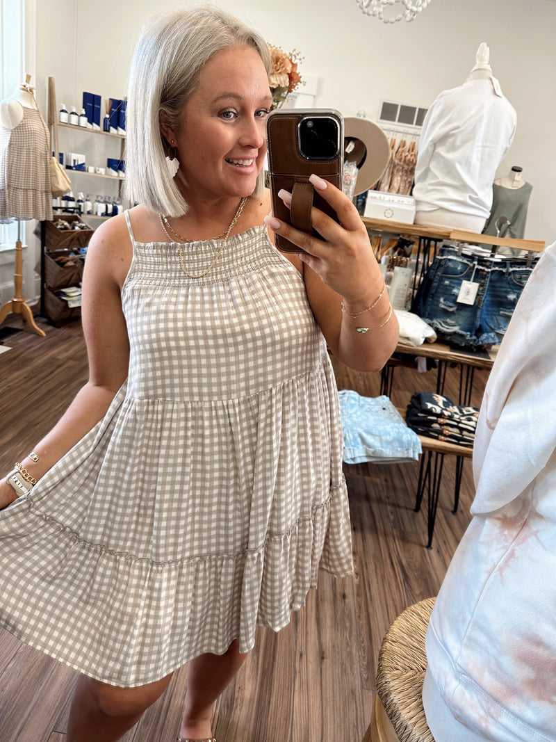 Santori Gingham Dress-Mocha Ivory