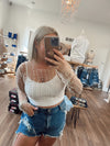 Pearl and Rhinestone Long Sleeve Mesh Top-White