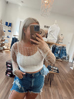 Pearl and Rhinestone Long Sleeve Mesh Top-White