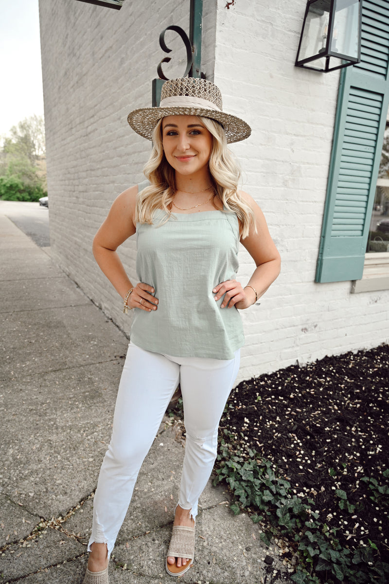 Kailah Linen Textured Square Neck Top-Light Sage