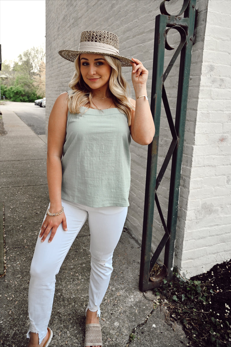 Kailah Linen Textured Square Neck Top-Light Sage