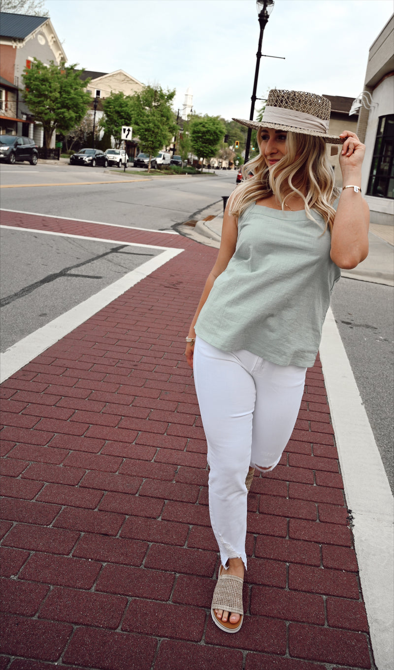 Kailah Linen Textured Square Neck Top-Light Sage