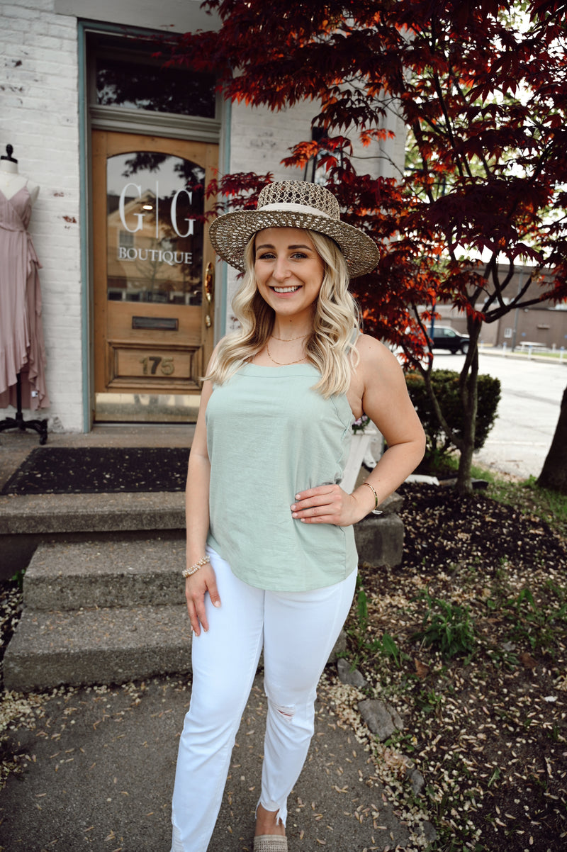 Kailah Linen Textured Square Neck Top-Light Sage
