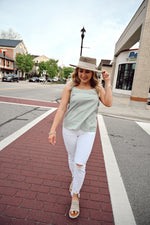 Kailah Linen Textured Square Neck Top-Light Sage