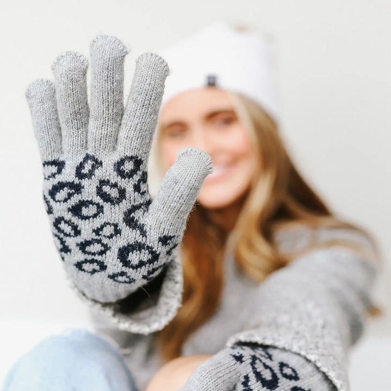 Leopard Knit Smart Touch Gloves-Grey