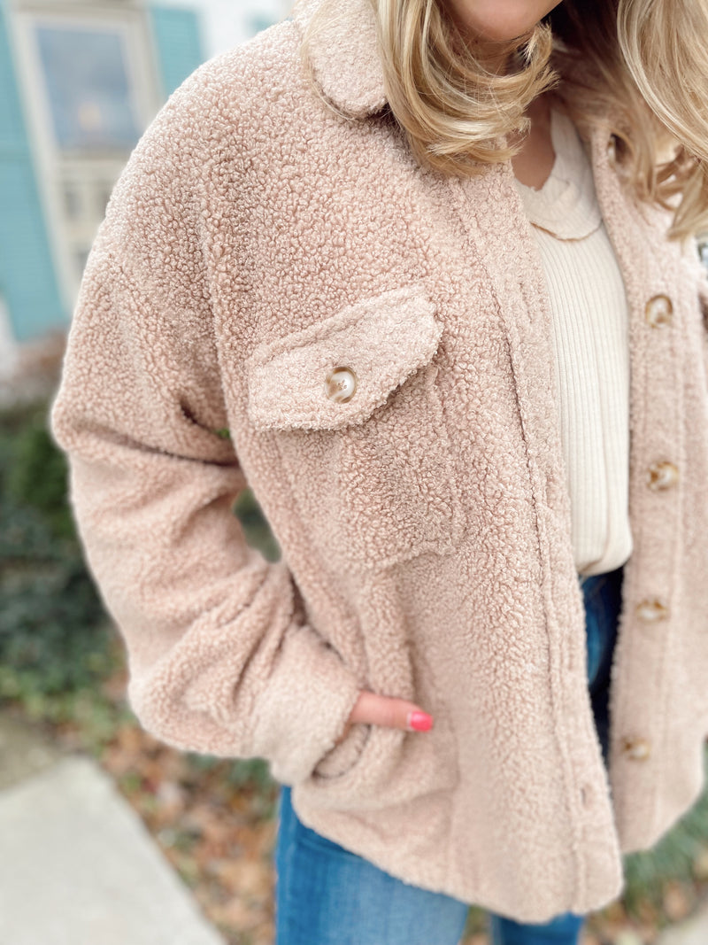 Teddy Bear Button Up Shacket- Milk Tea