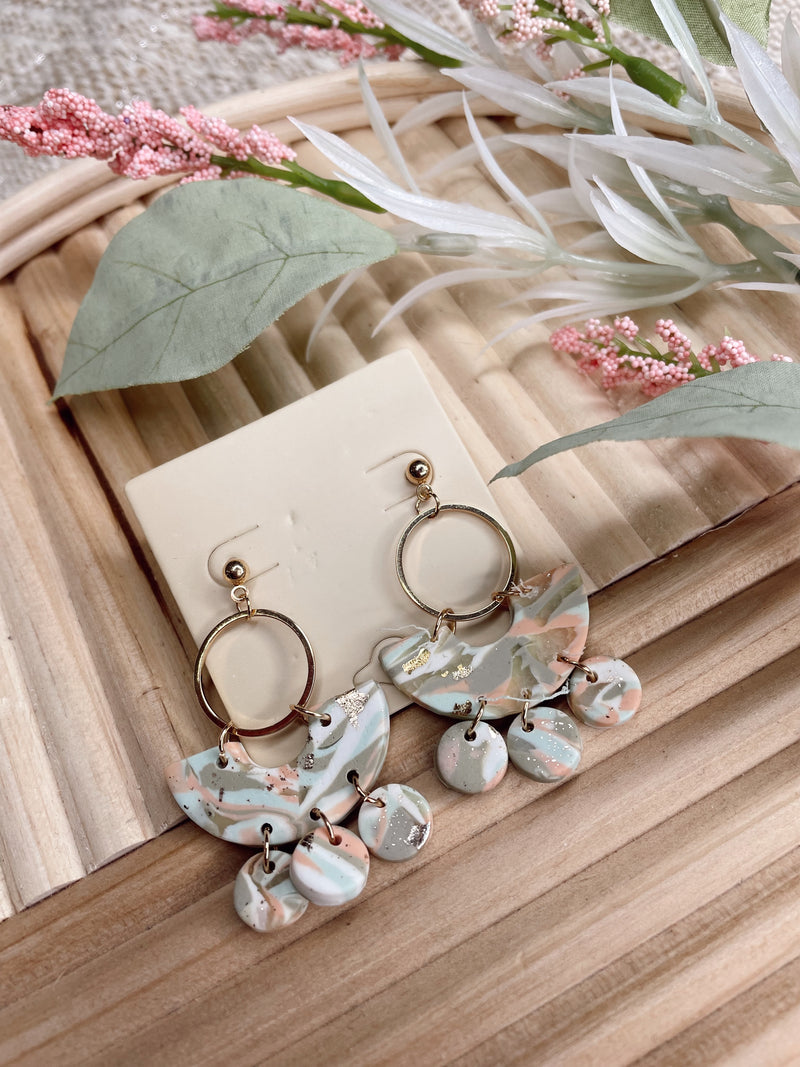 Disk Dangle Curved Clay Earrings-Mint/Peach
