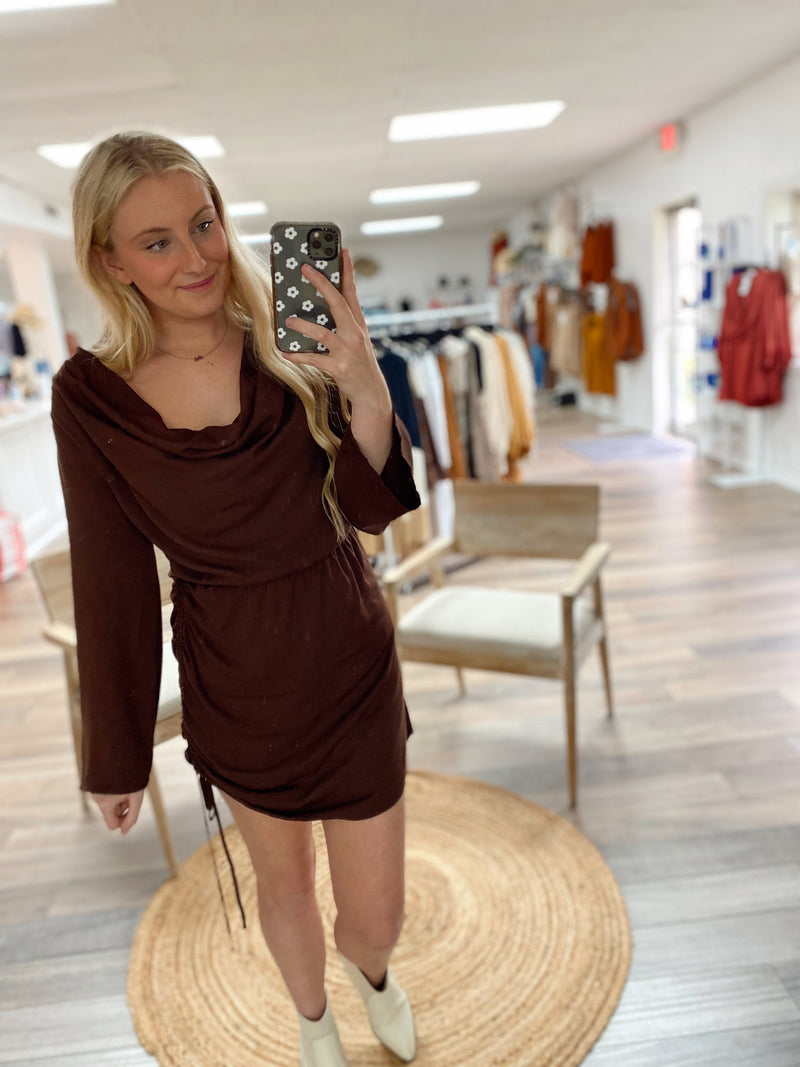 Lovely Embrace Ruched Dress-Brown