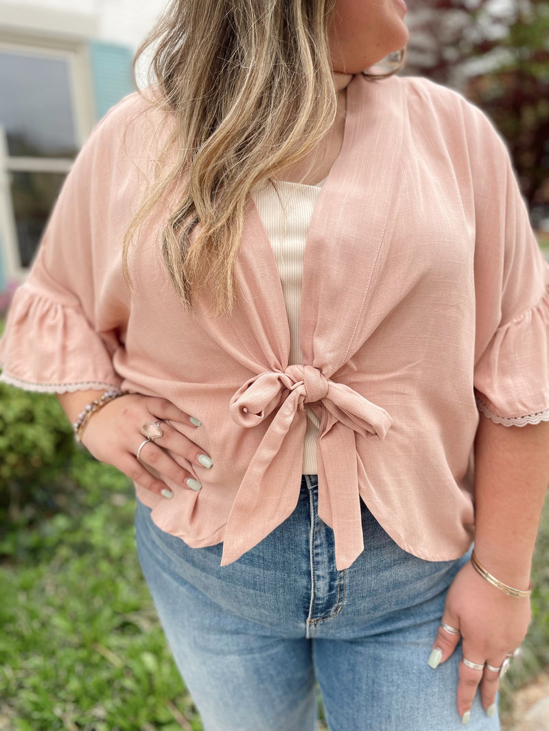 Versatile Tie Front Kimono/Top-Pink