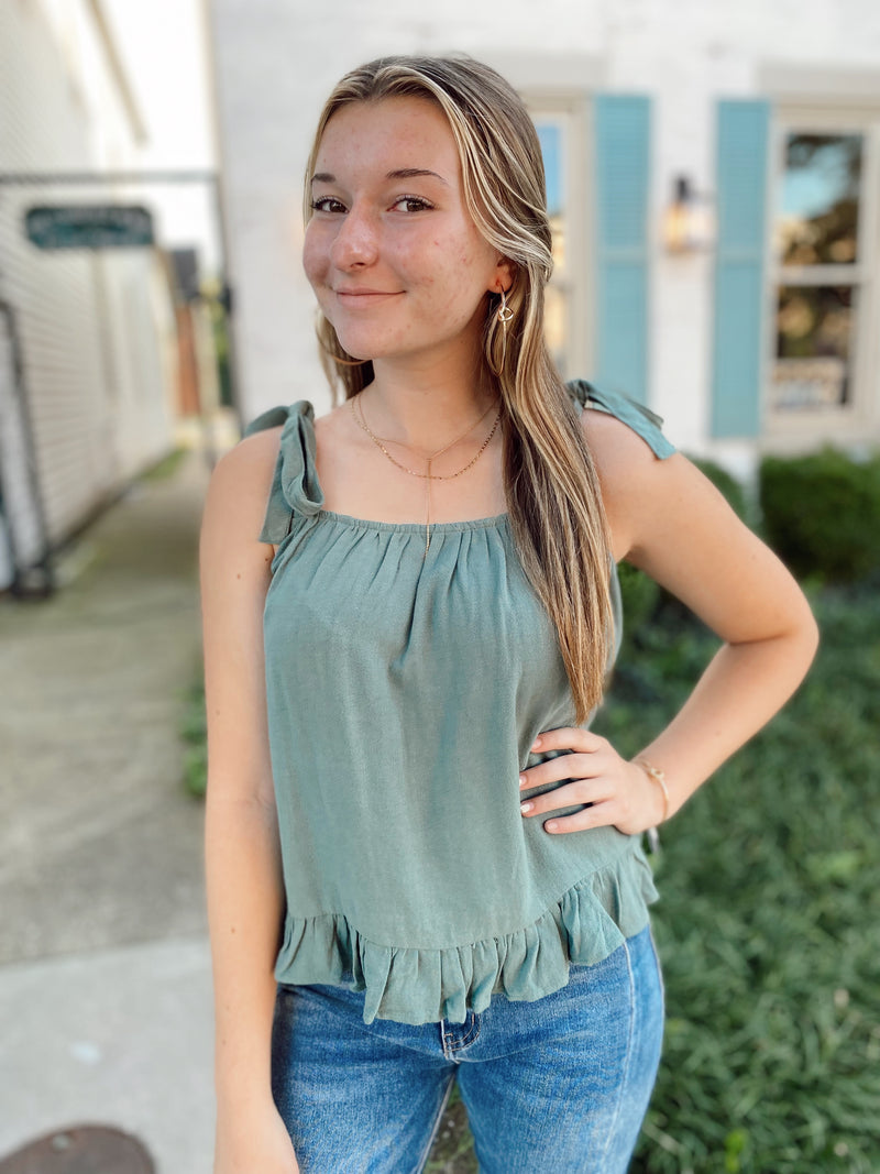 Taya Ruffle Trim Tank-Pistachio