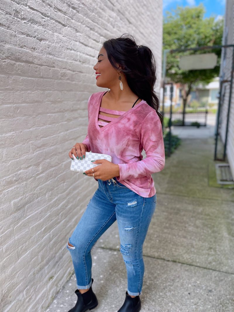Look At Her Now Bar Detail Top-Mauve Tie Dye