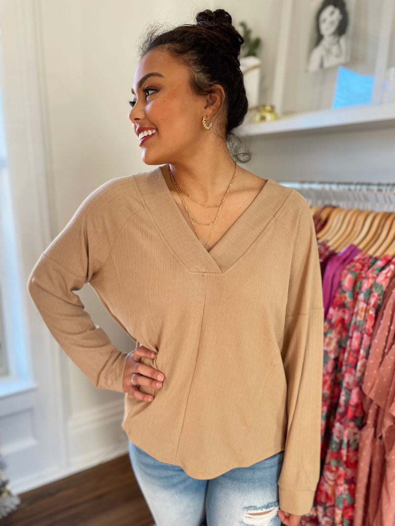 Moia Ribbed V-Neck Top-Mocha