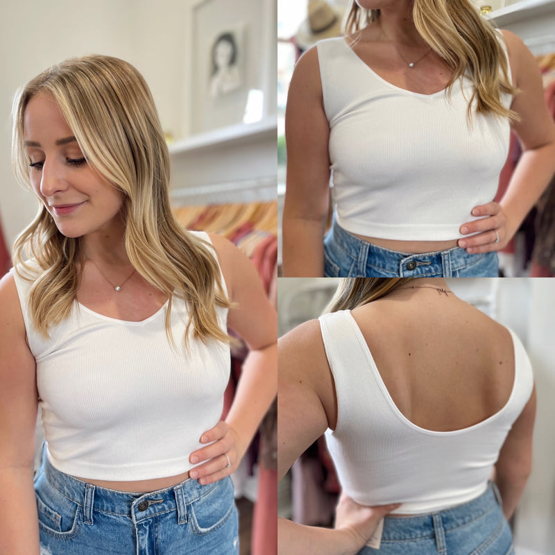 Nyah Ribbed U-V Neck Cropped Brami- White