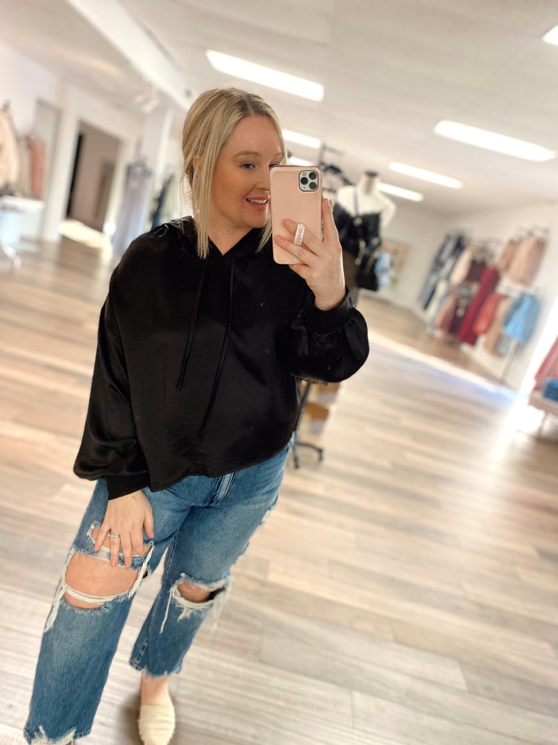 In Your Arms Satin Hoodie-Black