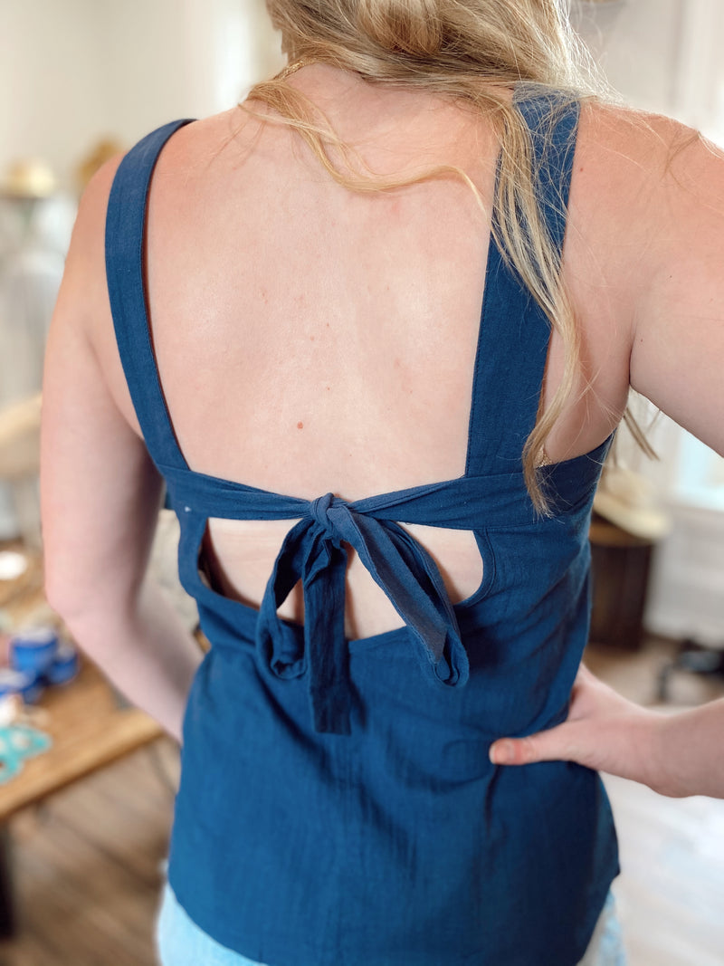 Kailah Linen Textured Square Neck Top-Navy