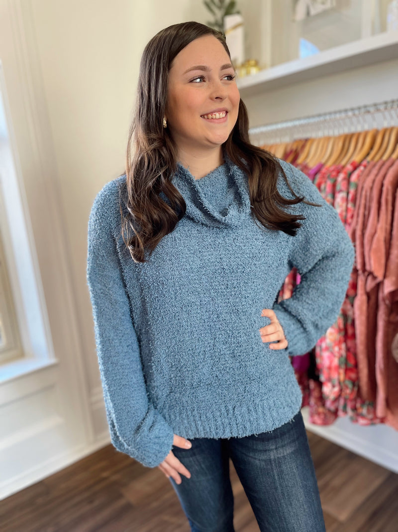 Loretta Cowl Neck Knit Sweater-Blue