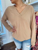 Moia Ribbed V-Neck Top-Mocha