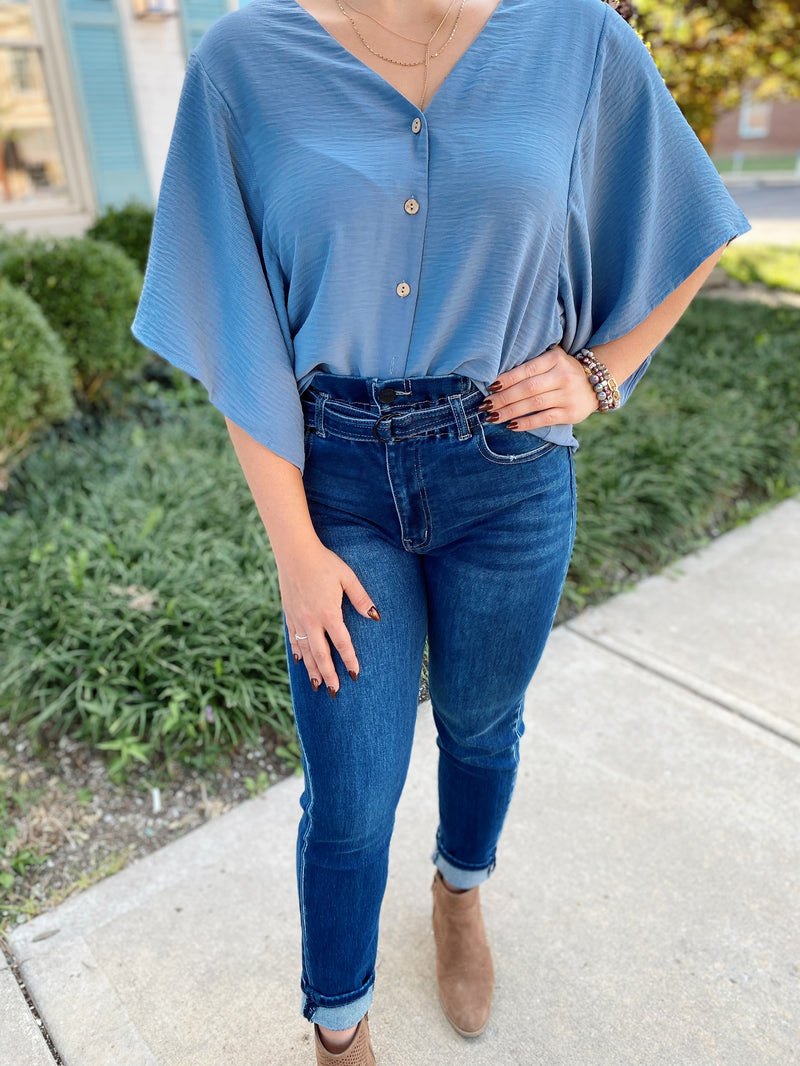 Harper Textured Top-Dusty Blue