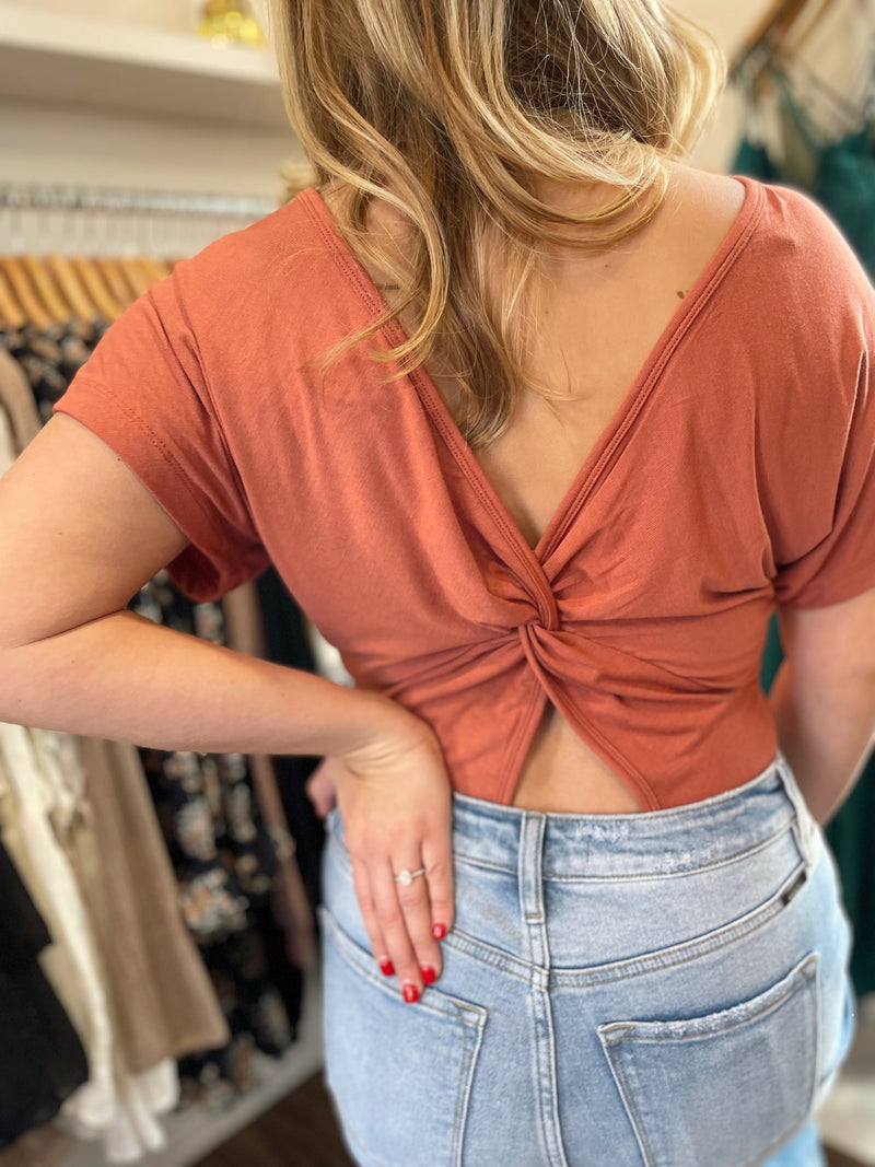 Xena Twist Back Bodysuit-Brick