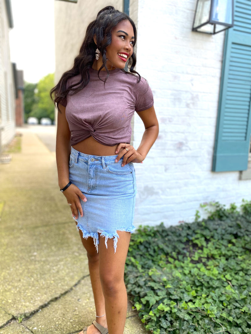 Riya Twist Front Cropped Tee-Burgundy
