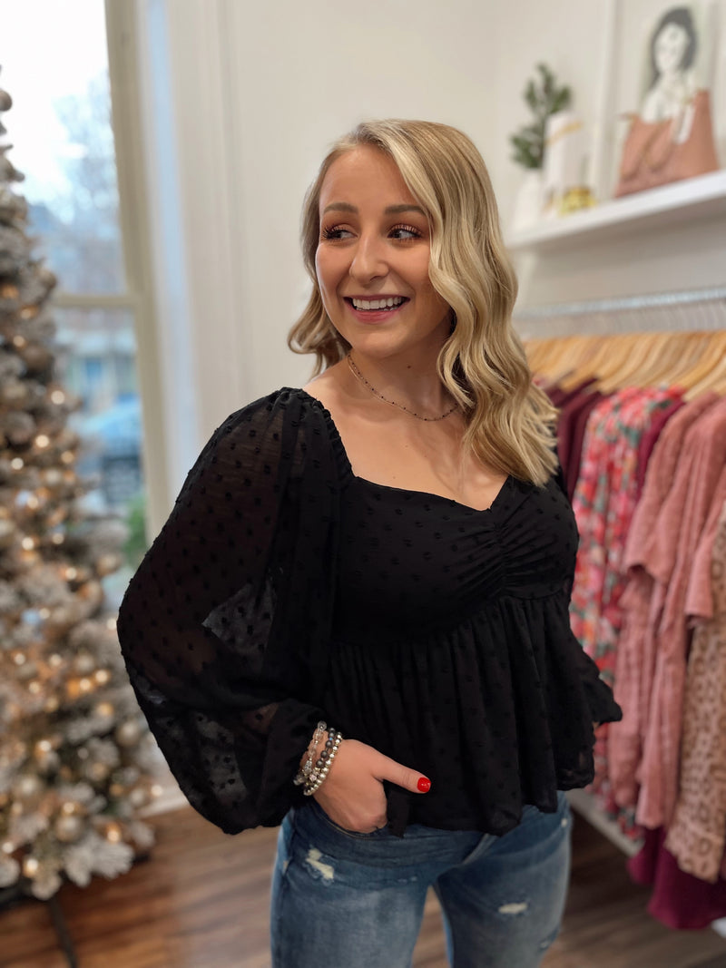 Posh Polka Dot Texture Top-Black