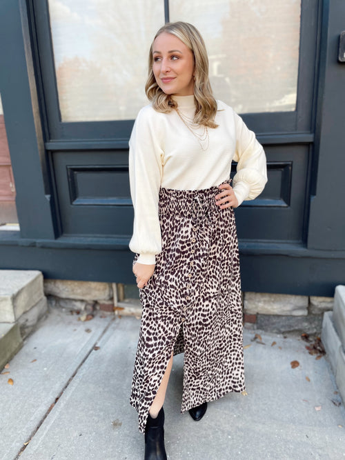 Audra Animal Print Smocked Skirt-Champagne