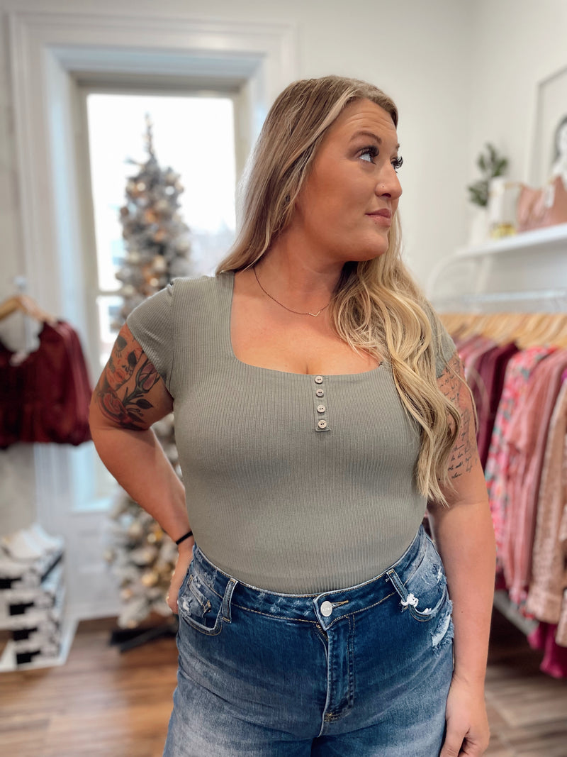 Keily Ribbed Bodysuit-Olive