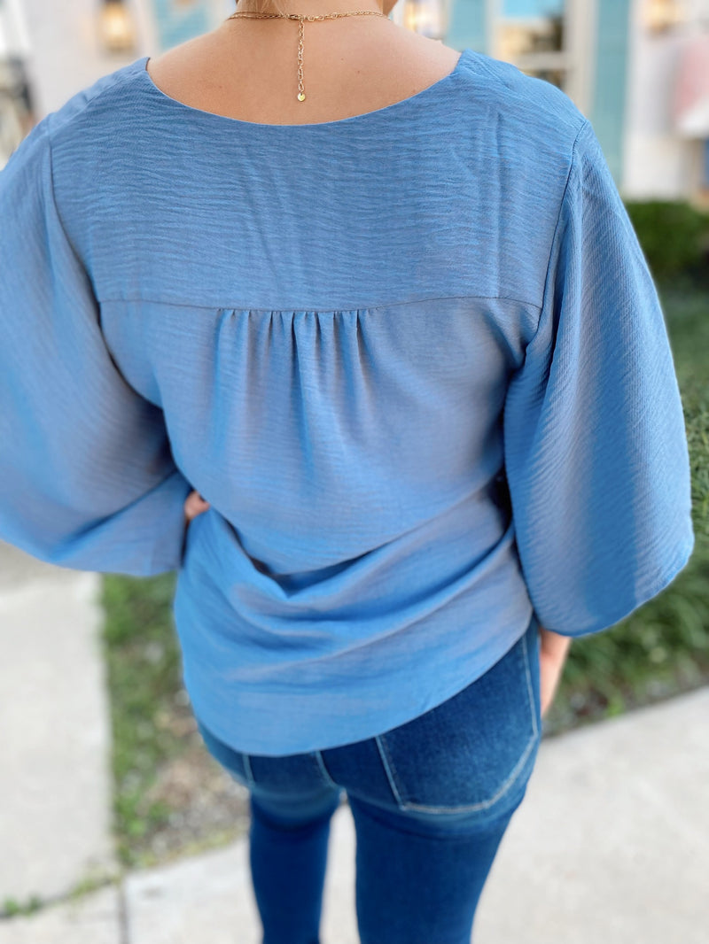Harper Textured Top-Dusty Blue