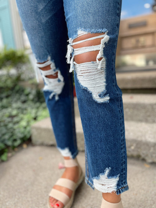 Krissy High Waisted Distressed Mom Jean