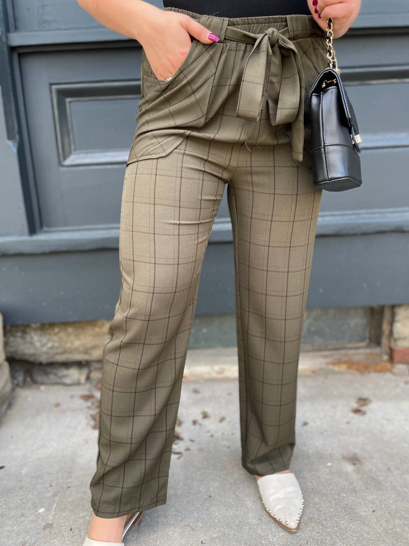 Boss Lady Olive Plaid Pants