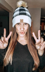 Black/White Buffalo Plaid Knit Pom Hat
