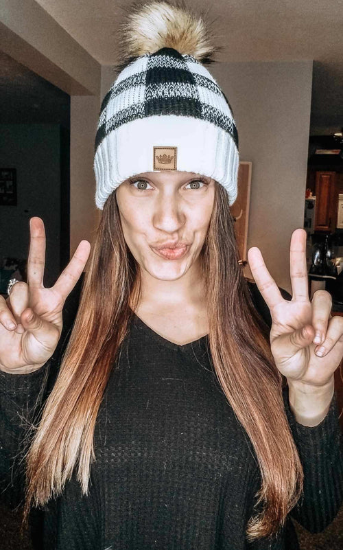 Black/White Buffalo Plaid Knit Pom Hat