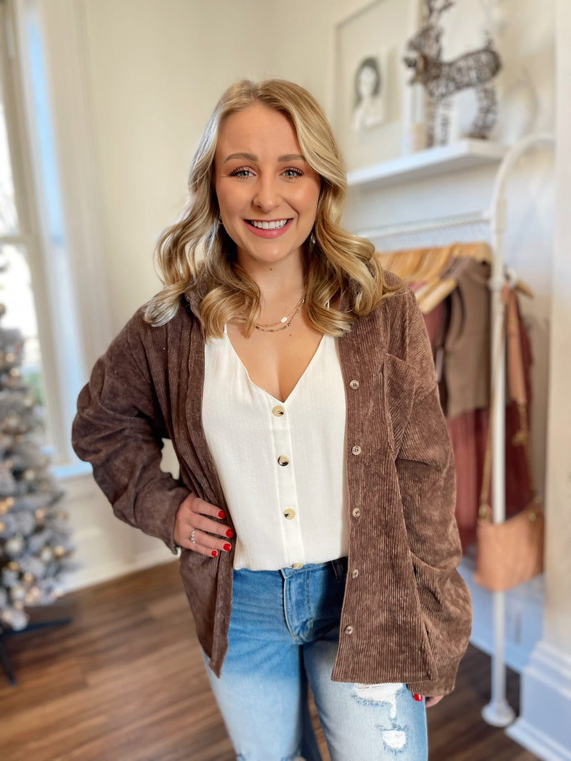 Sophia Corduroy Ribbed Shacket-Chocolate