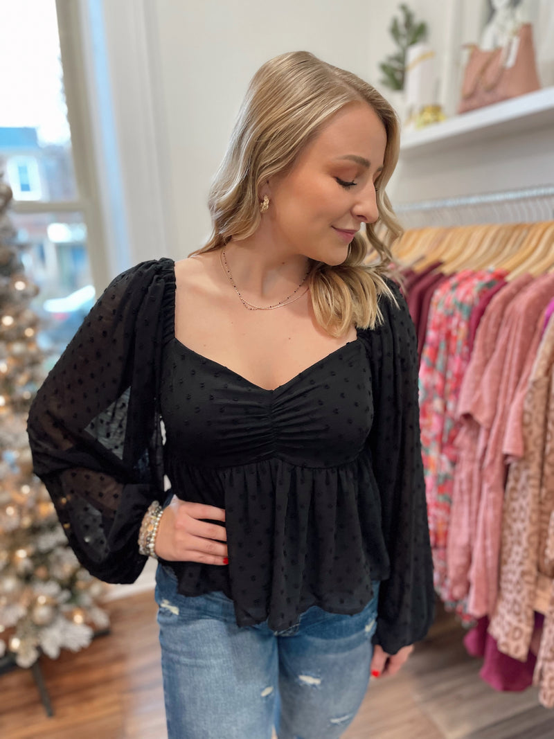 Posh Polka Dot Texture Top-Black