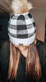 Black/White Buffalo Plaid Knit Pom Hat