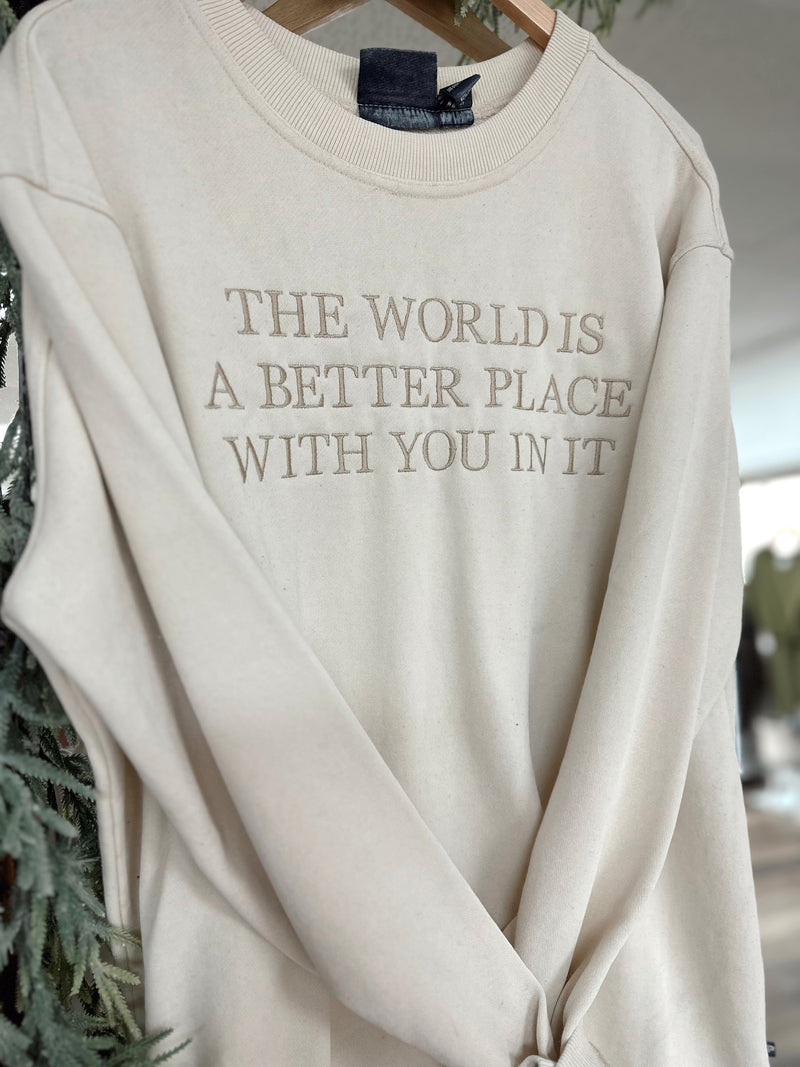 IN STOCK COMING SOON The World Embroidered Crewneck Ivory