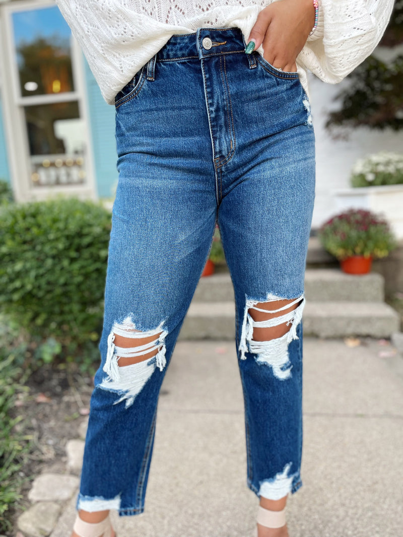 Krissy High Waisted Distressed Mom Jean