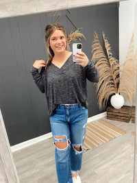 Shae V-Neck Ribbed Top-Charcoal