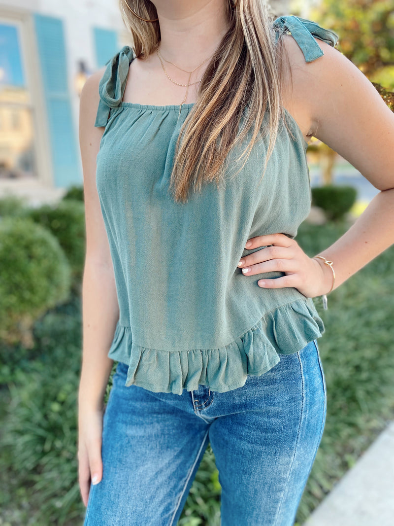 Taya Ruffle Trim Tank-Pistachio