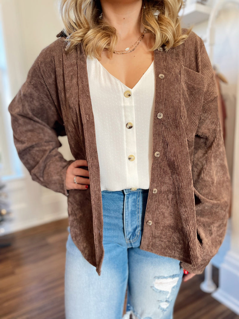 Sophia Corduroy Ribbed Shacket-Chocolate
